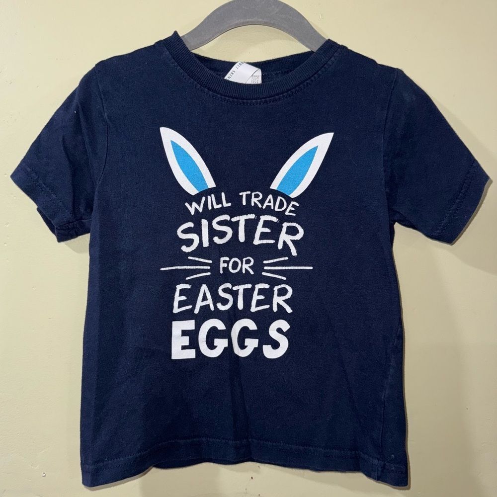 Rabbit Skins size 2 Navy Blue Kids Tee with Easter Print